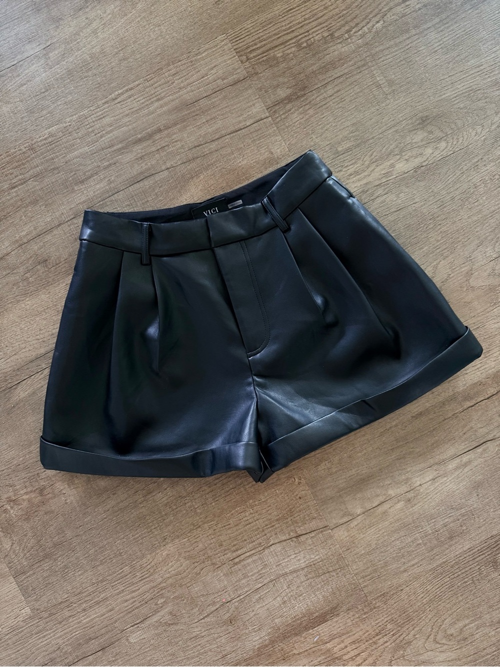 VICI Black Faux Leather High-Waist Pleated Shorts